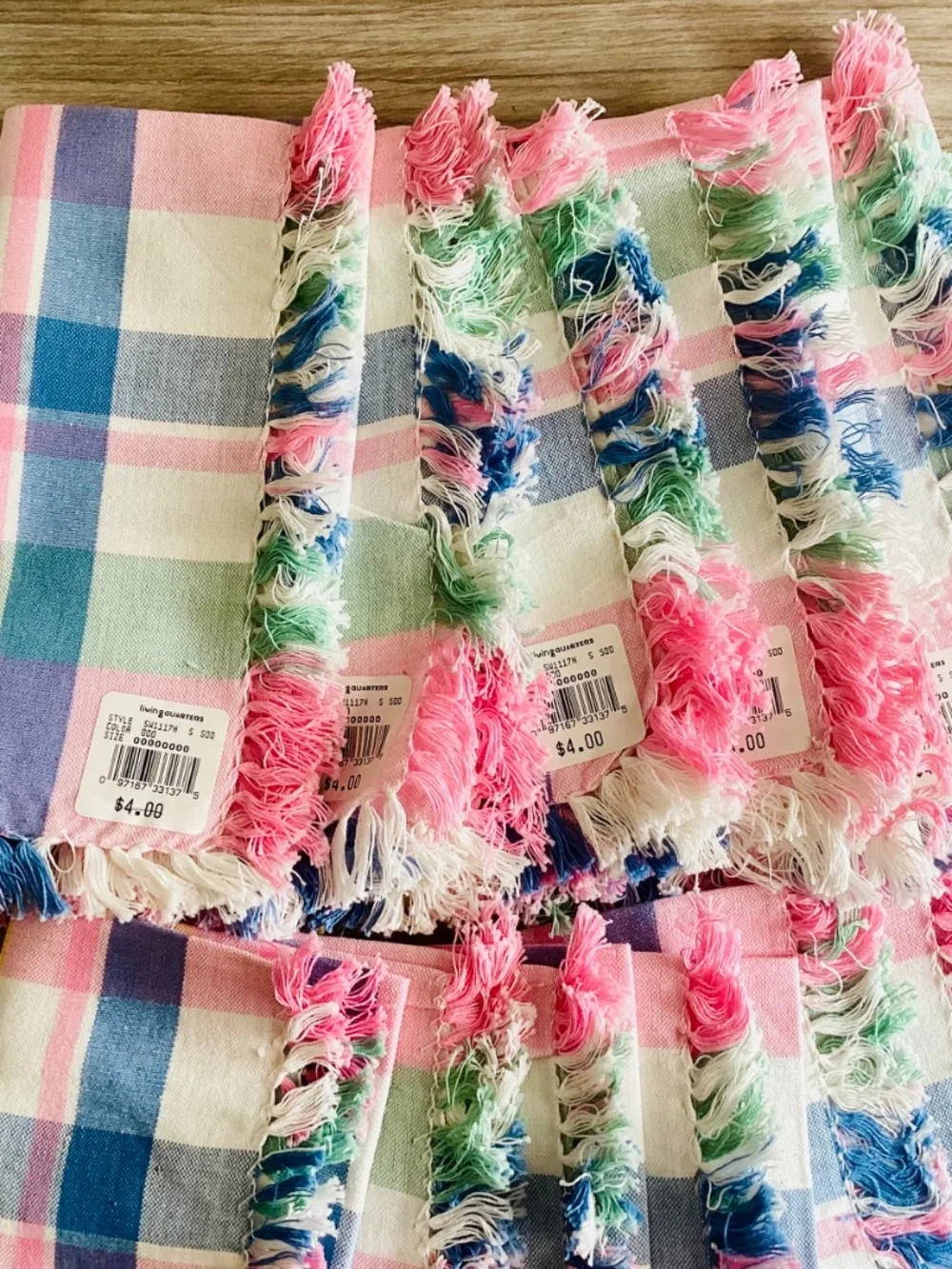 Vintage Living Quarters pastel plaid napkins Lot Of 11 Cotton India Fringed Pink